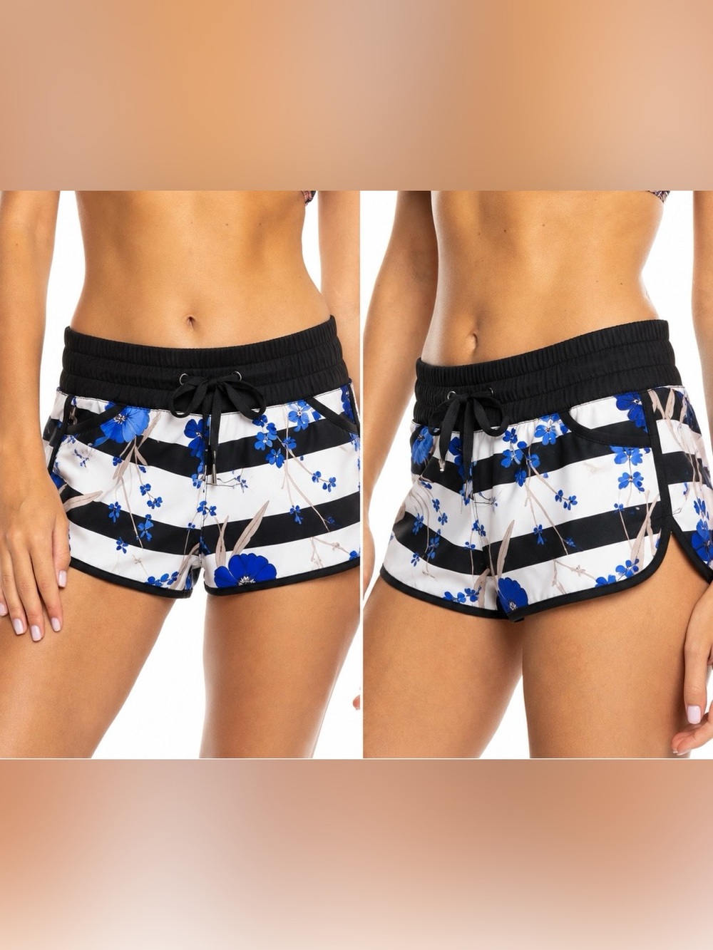 Roxy Floral Striped Board Shorts Black White Blue Drawstring Surf Swim Beach